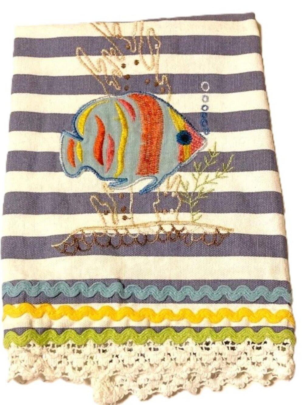 PIER 1 IMPORTS Nautical Stripe Fish Lace Embroidered Zig Zag Towel 29 x 17 in